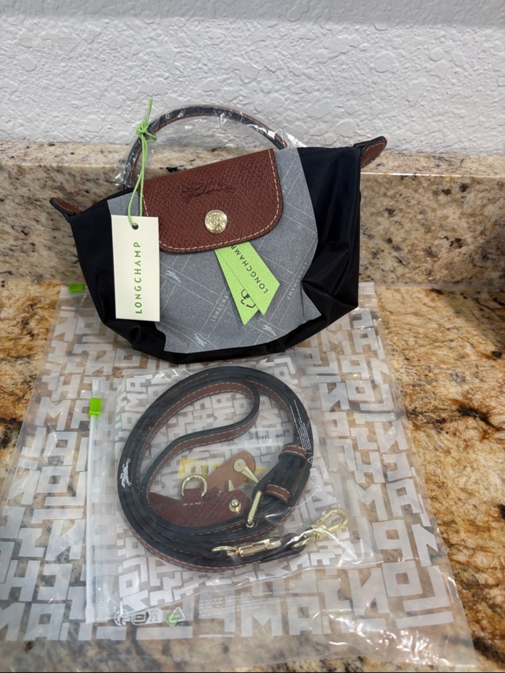 Longchamp Black Nylon Mini Bag with Brown Leather Flap and Gray Panel